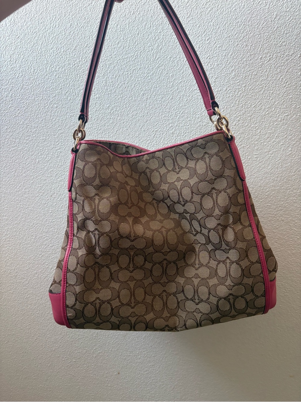 Coach Brown Monogram Shoulder Bag with Pink Trim